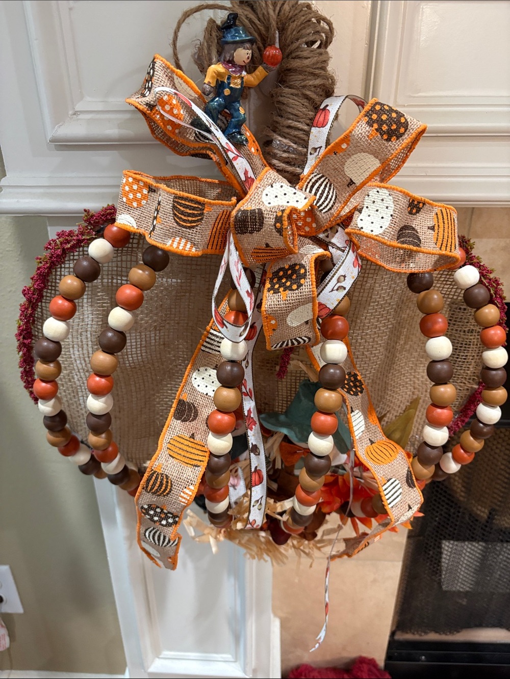 Autumn Beaded Pumpkin Wreath - Orange, Brown & Cream - Picture 2 of 3
